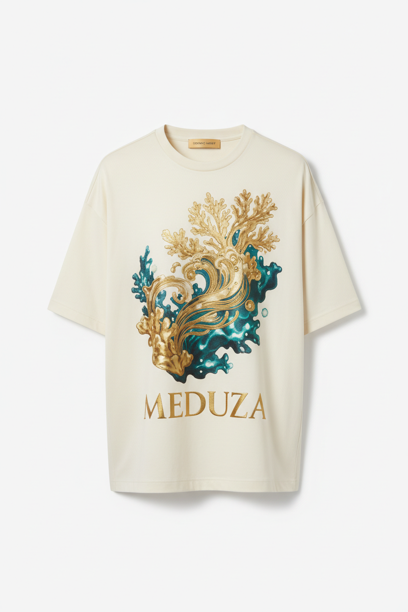 Cream oversized t-shirt with abstract coral reef graphic in gold and turquoise with MEDUZA branding