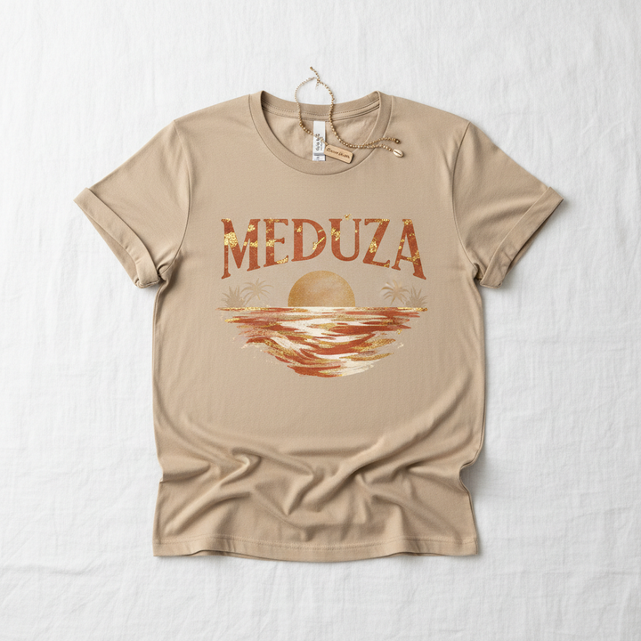 Meduza Horizon Tee - sand beige women's graphic t-shirt with terracotta and gold horizon illustration