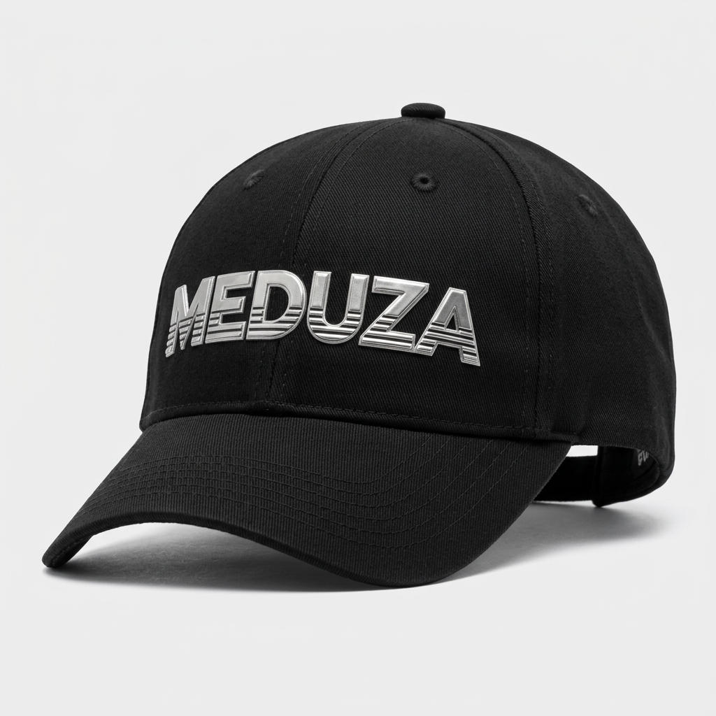Black baseball cap with silver striped MEDUZA logo and curved brim