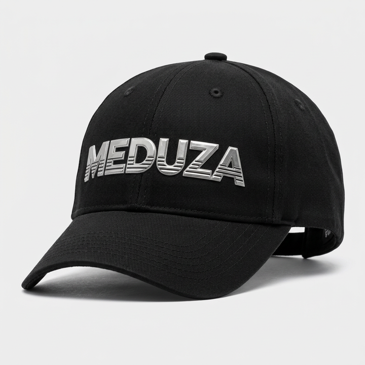 Black baseball cap with silver striped MEDUZA logo and curved brim