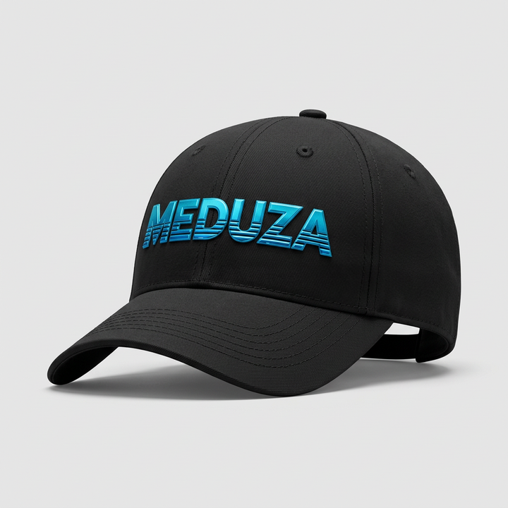 Black baseball cap with cyan striped MEDUZA logo and curved brim