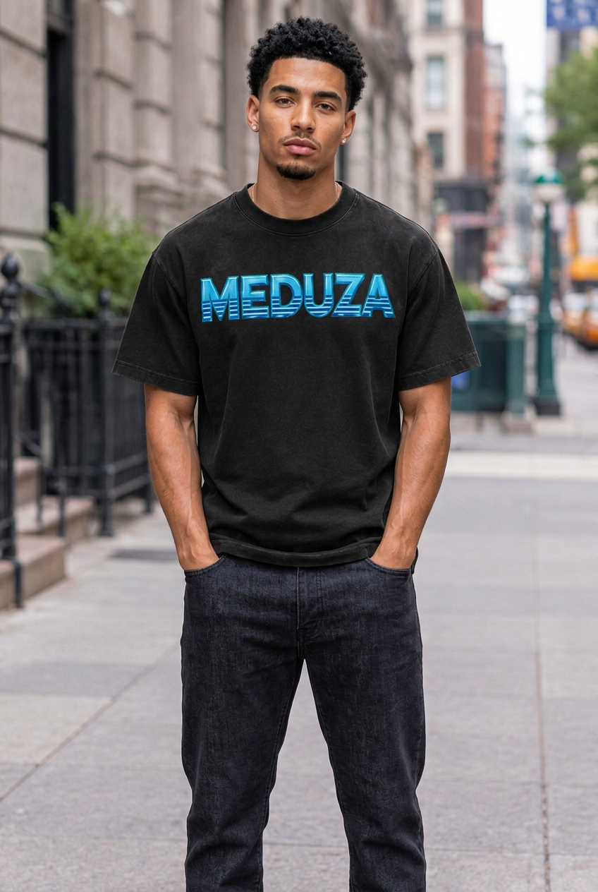 Model wearing the black Cyan Current MEDUZA T-shirt with plain dark jeans