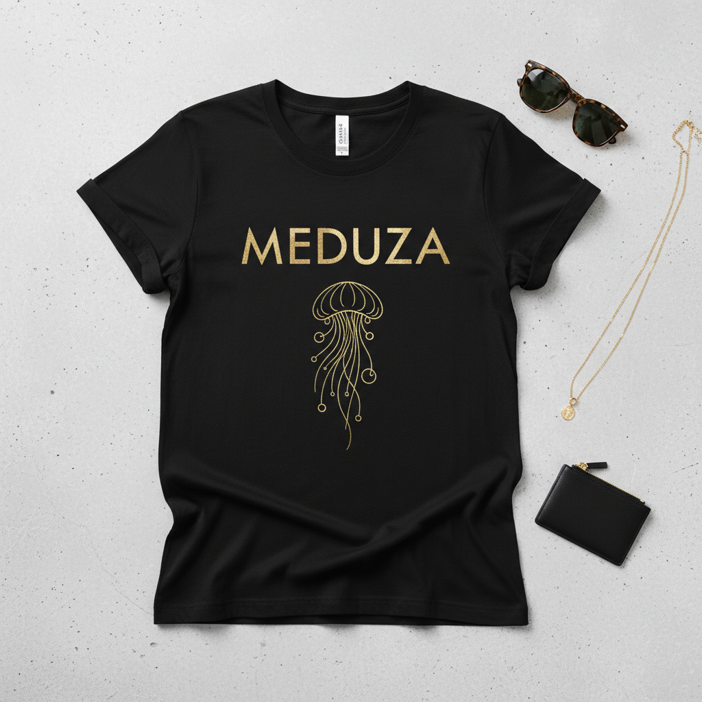 Meduza Jellyfish Tee - black women's graphic t-shirt with gold jellyfish illustration