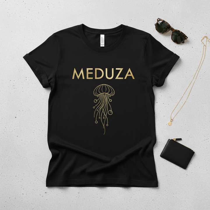 Meduza Jellyfish Tee - black women's graphic t-shirt with gold jellyfish illustration