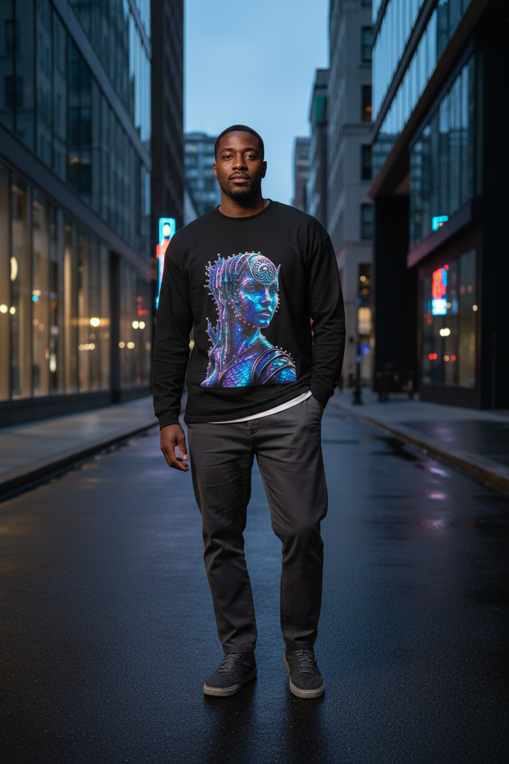 Male model wearing the black Meduza Cyber Muse Long Sleeve in the city