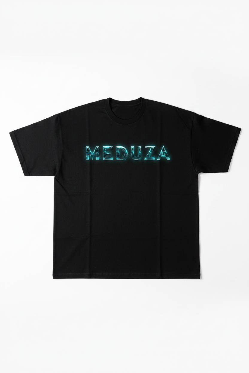 Black oversized t-shirt with electric teal MEDUZA logo