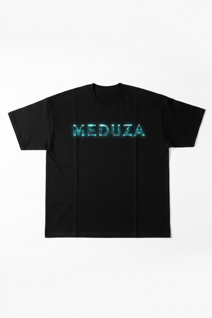 Black oversized t-shirt with electric teal MEDUZA logo