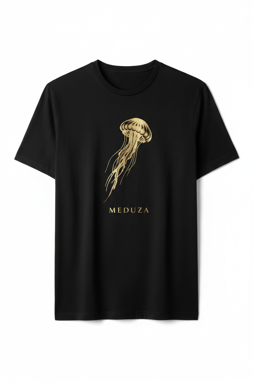 Black luxury t-shirt with gold jellyfish graphic and MEDUZA branding