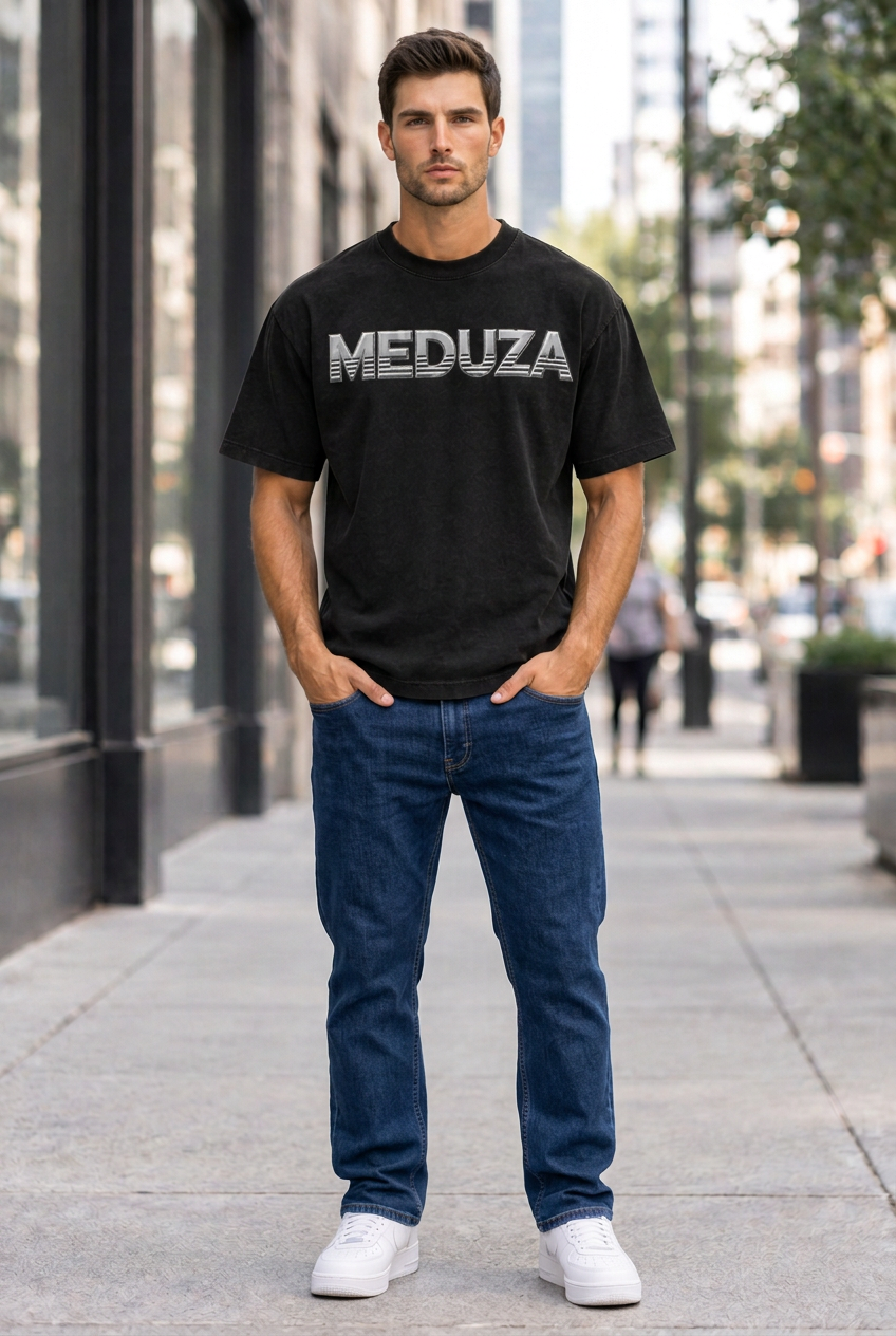 Model wearing the black Silver Skyline MEDUZA T-shirt