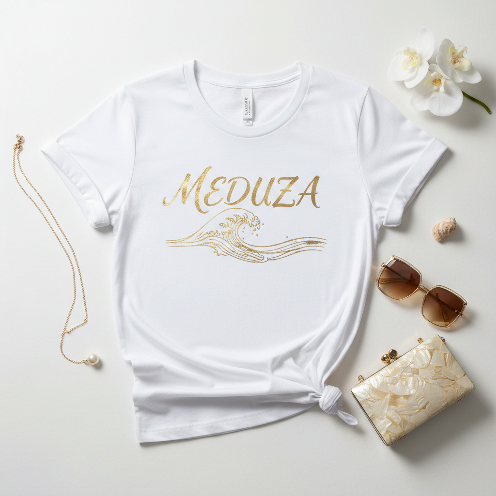 Meduza Gold Wave Tee - white women's graphic t-shirt with gold wave illustration