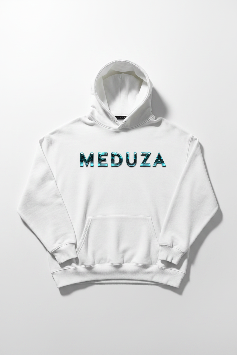 White oversized hoodie with electric teal MEDUZA logo