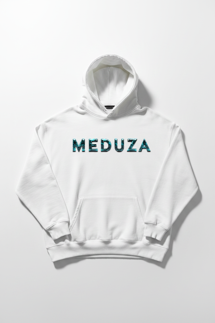 White oversized hoodie with electric teal MEDUZA logo