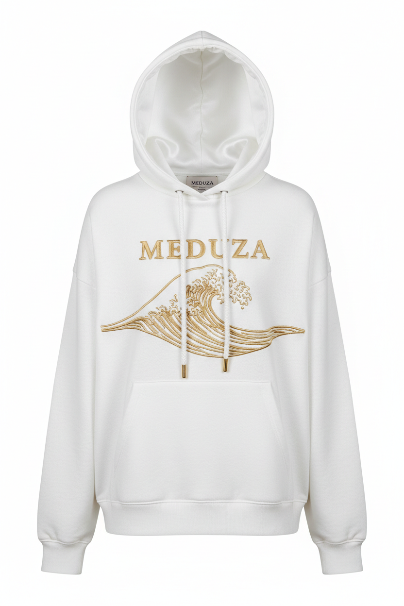 White oversized hoodie with bold gold wave and MEDUZA logo across the chest