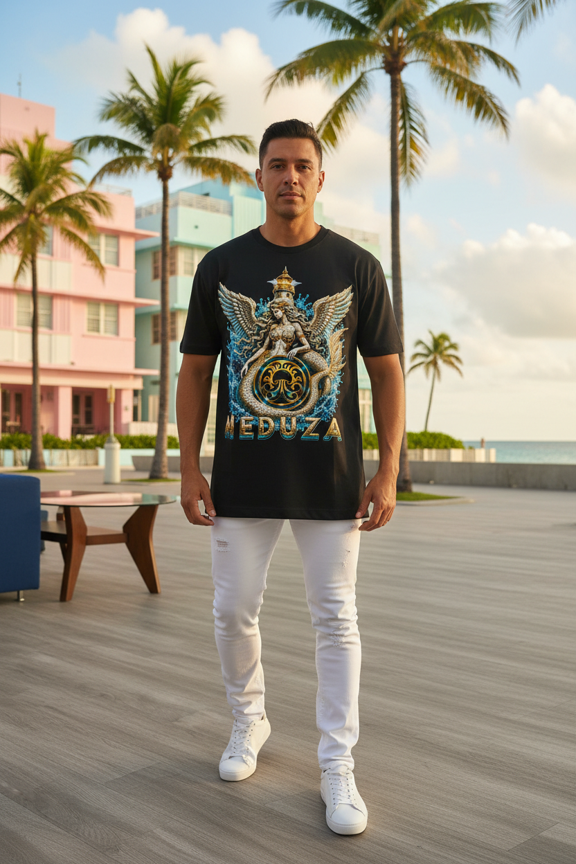 Male model wearing the black Meduza Guardian Crest Tee in Miami