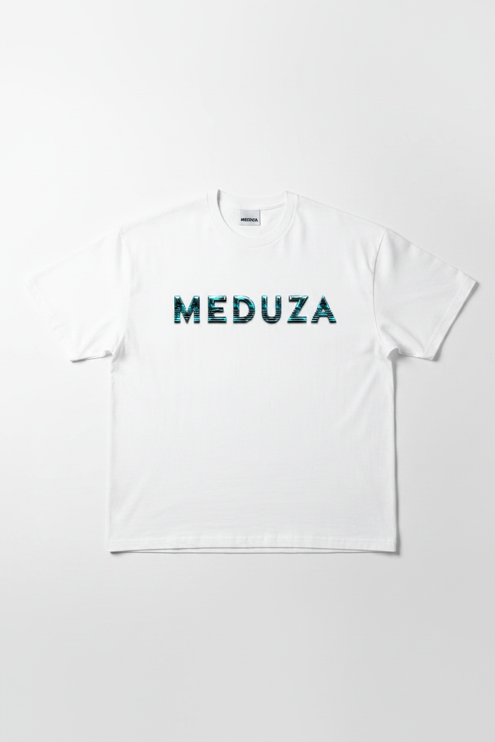 White oversized t-shirt with electric teal MEDUZA logo