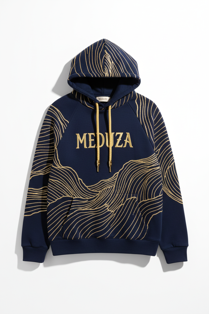 Navy blue luxury hoodie with gold wave pattern and MEDUZA branding