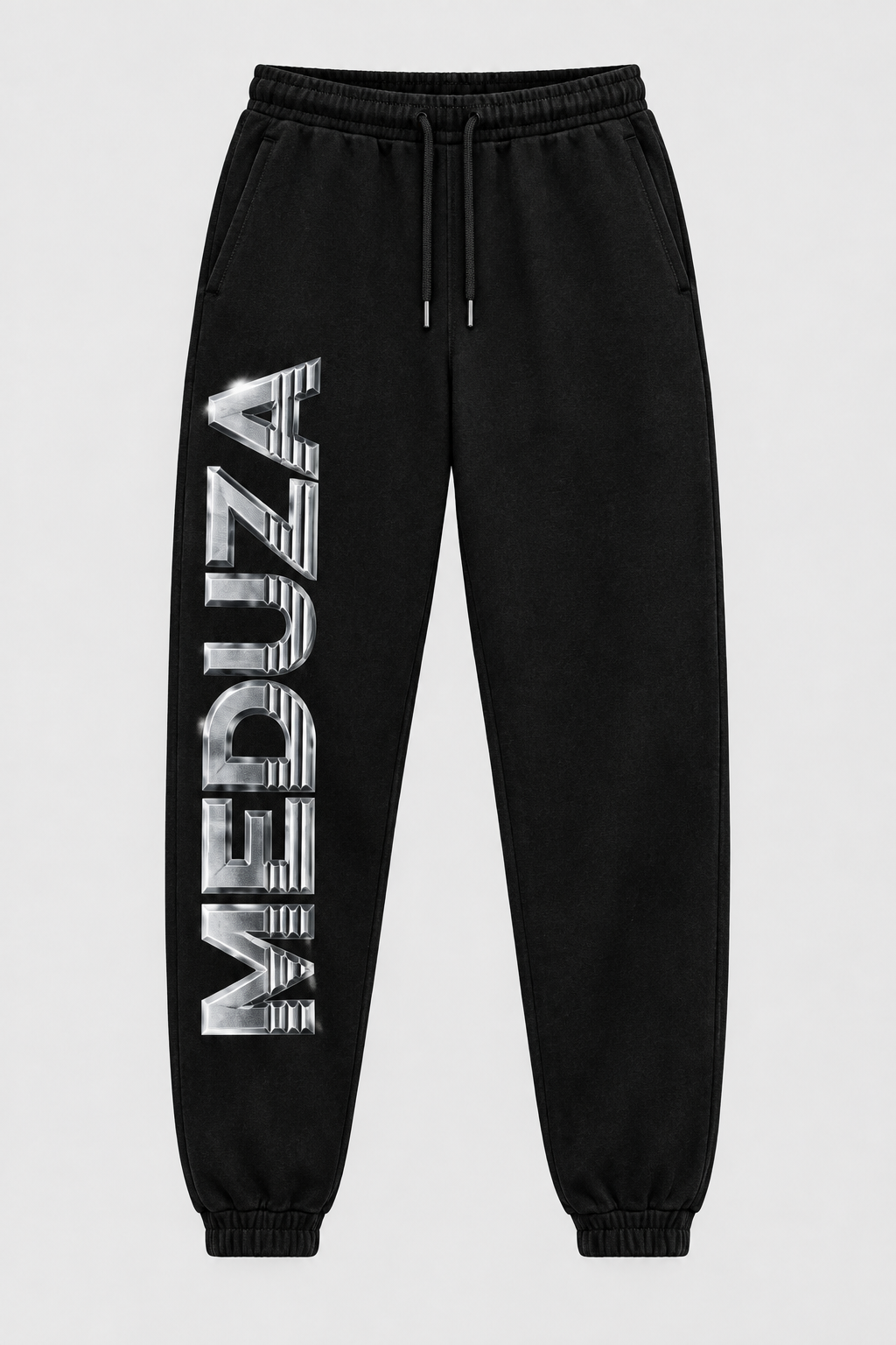 Black Silver Skyline joggers with silver MEDUZA lettering down one leg