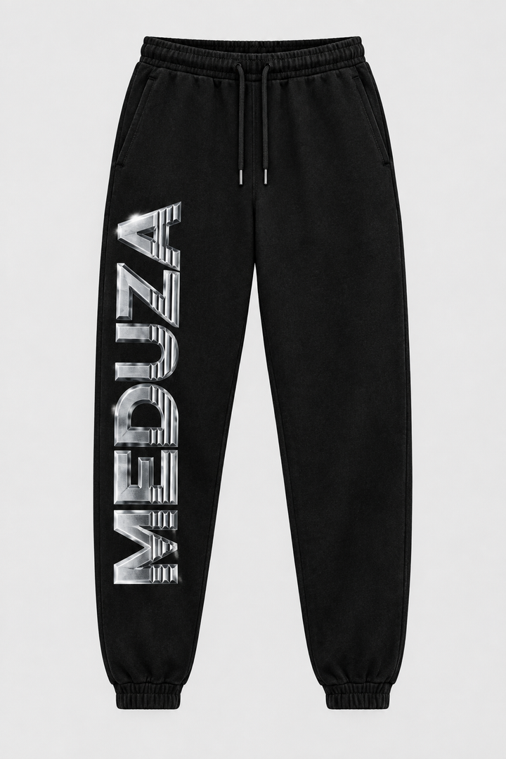 Black Silver Skyline joggers with silver MEDUZA lettering down one leg