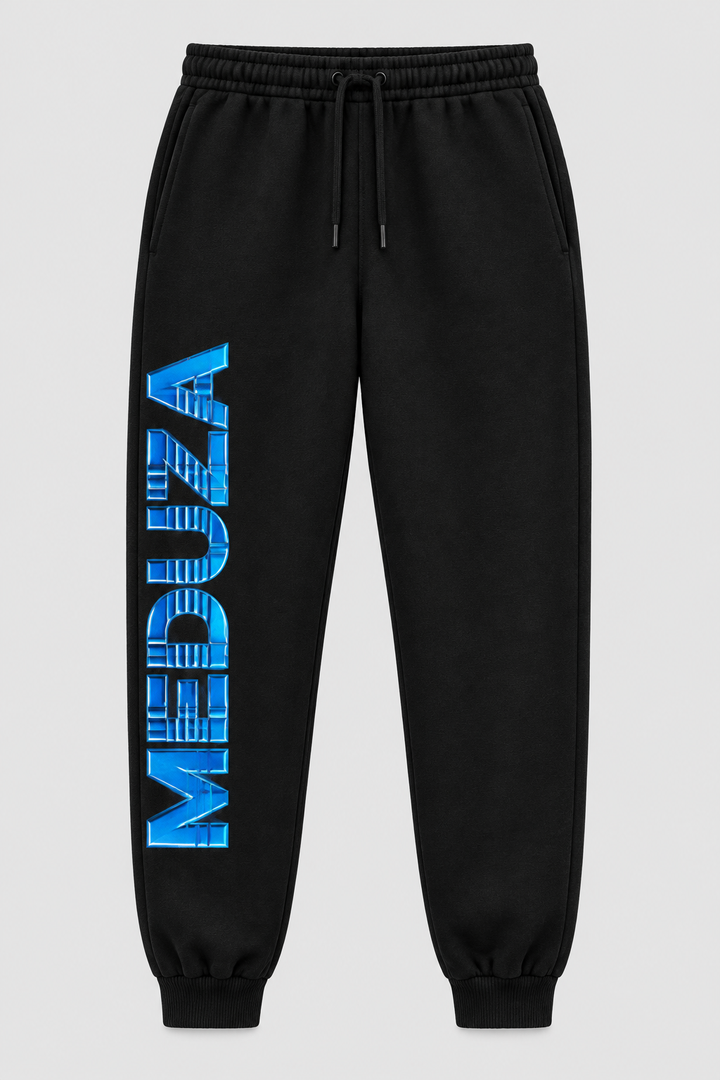 Black Cyan Current joggers with cyan MEDUZA lettering down one leg