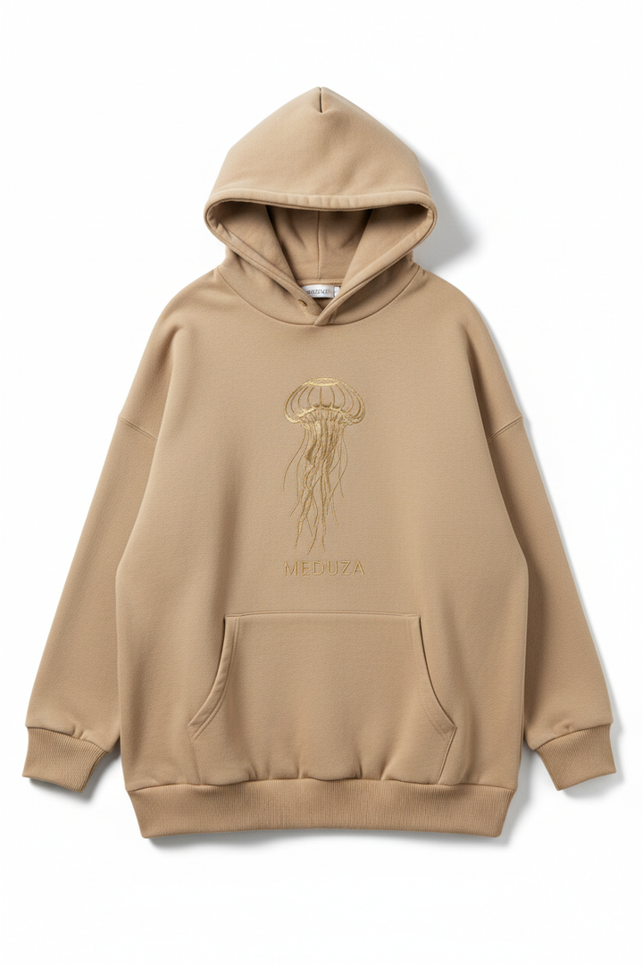 Sandy beige oversized hoodie with gold jellyfish graphic and MEDUZA branding