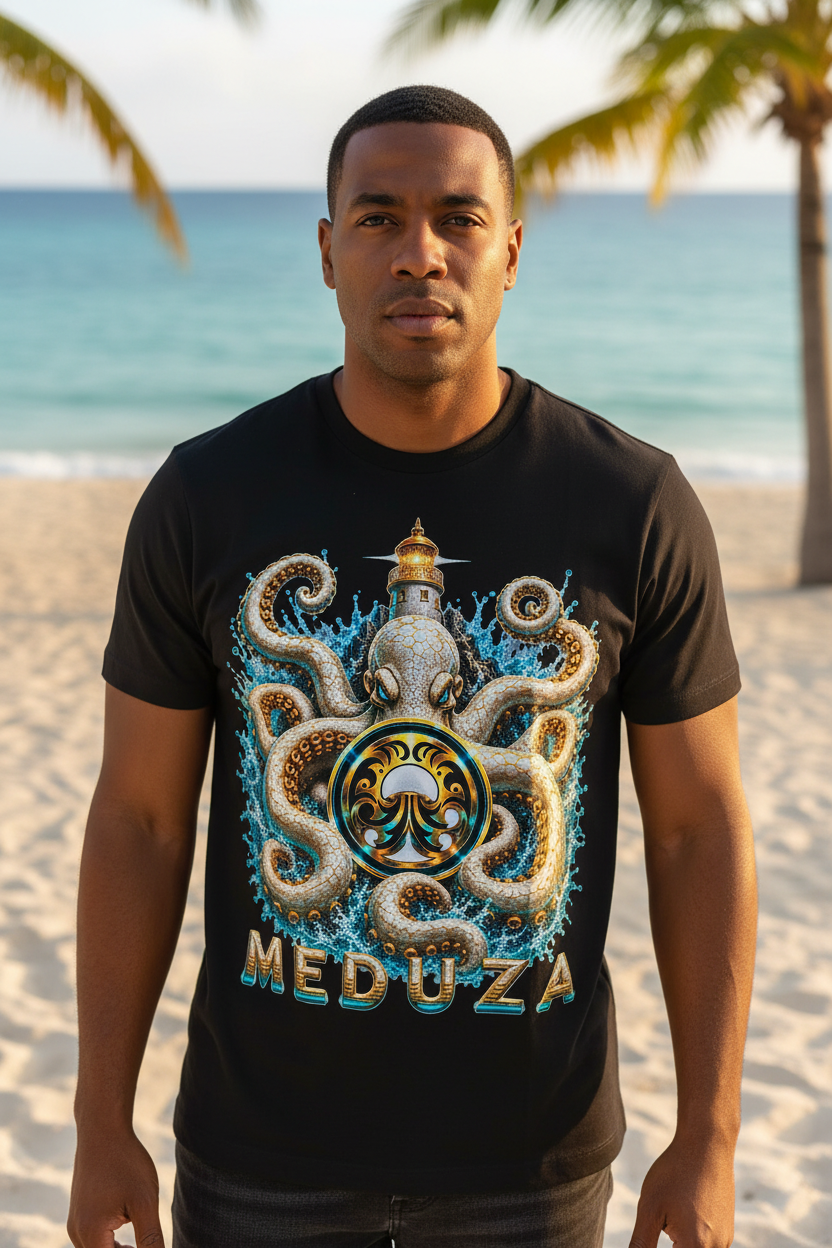 Male model wearing the black Meduza Abyss Crown Tee at the beach