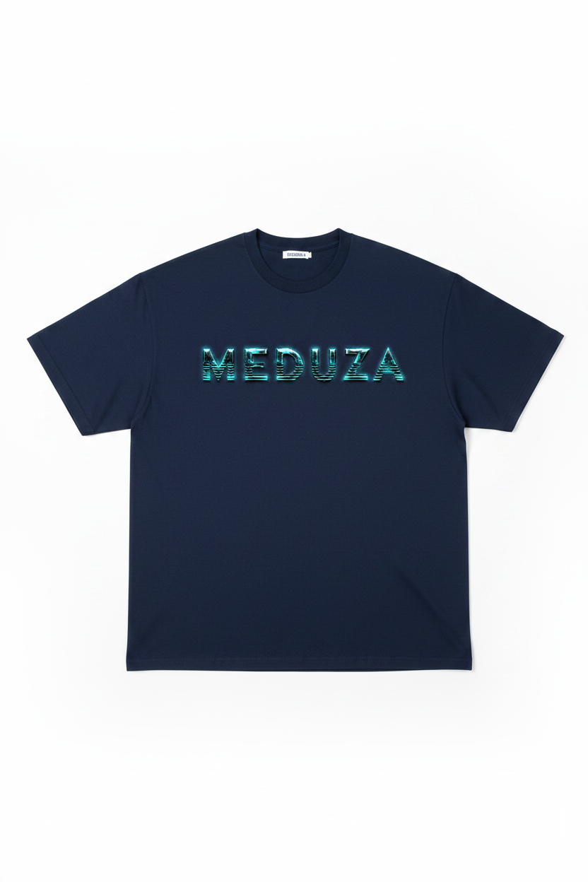Navy oversized t-shirt with electric teal MEDUZA logo