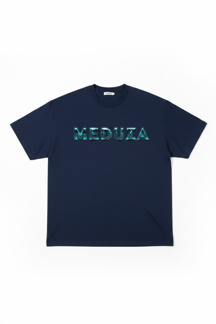 Navy oversized t-shirt with electric teal MEDUZA logo