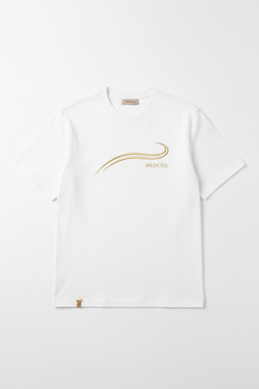 White luxury t-shirt with gold wave graphic and MEDUZA branding