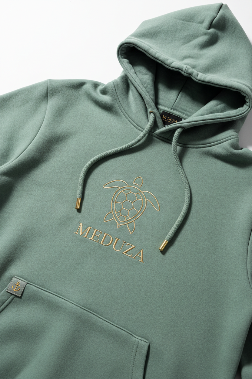 Sage green luxury hoodie with minimal gold sea turtle graphic and MEDUZA text