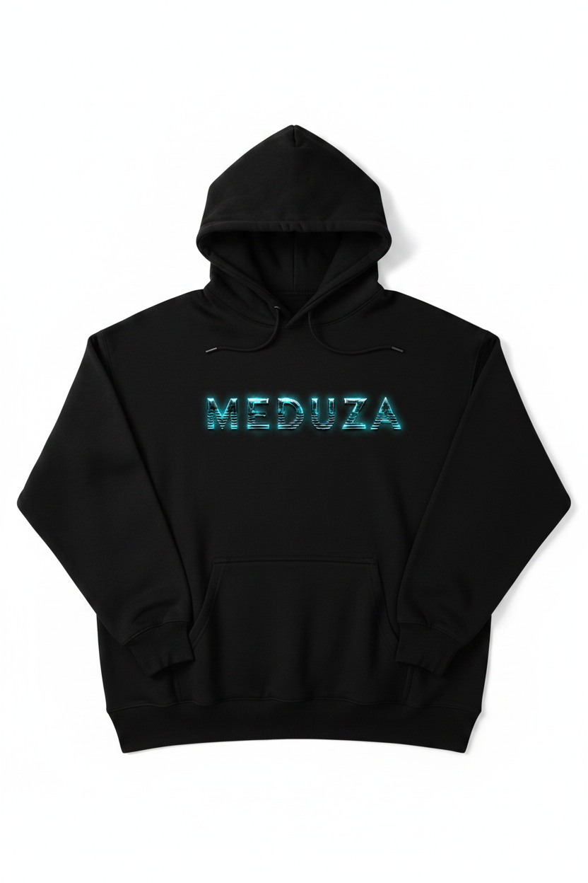 Black oversized hoodie with electric teal MEDUZA logo