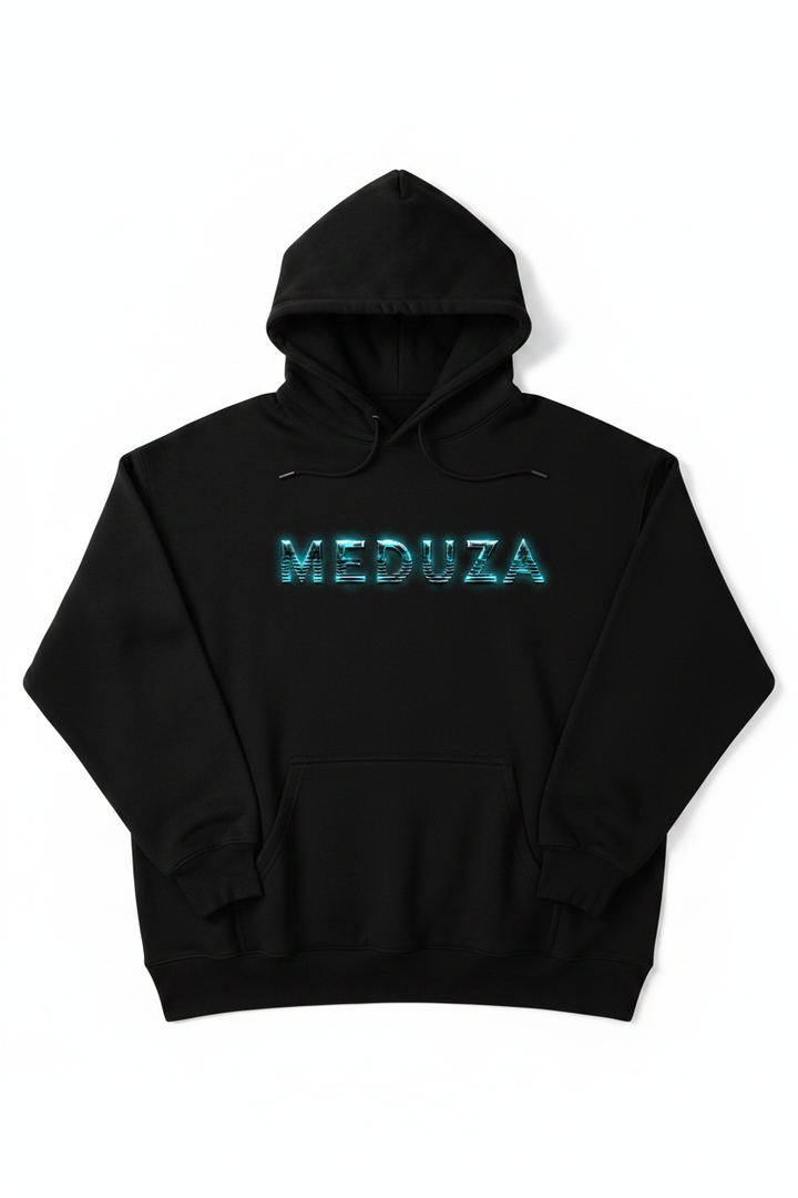 Black oversized hoodie with electric teal MEDUZA logo