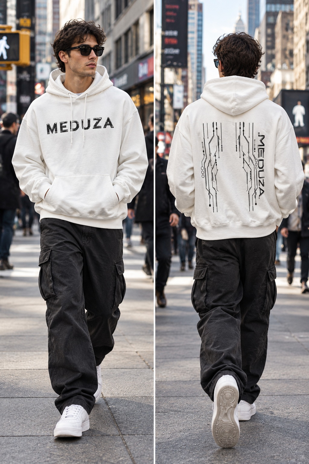 Male model wearing the Meduza hoodie in a city setting